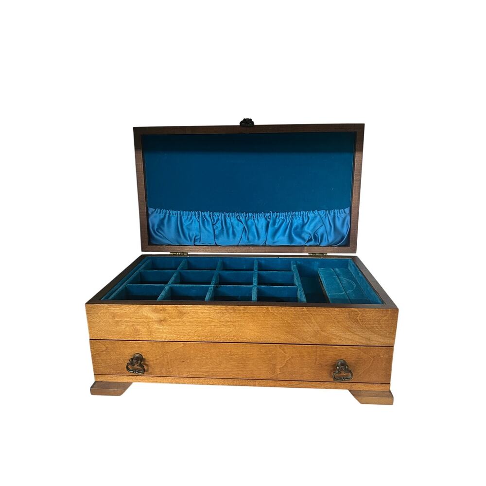 Wooden Jewelry Box 16” Drawers Ring Holder Teal Velvet Interior